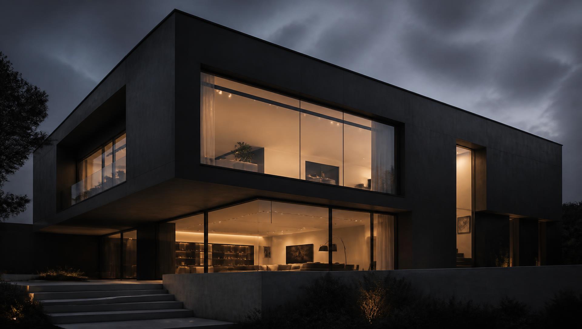 Maison contemporaine très vitrée éclairée à la tombée du jour